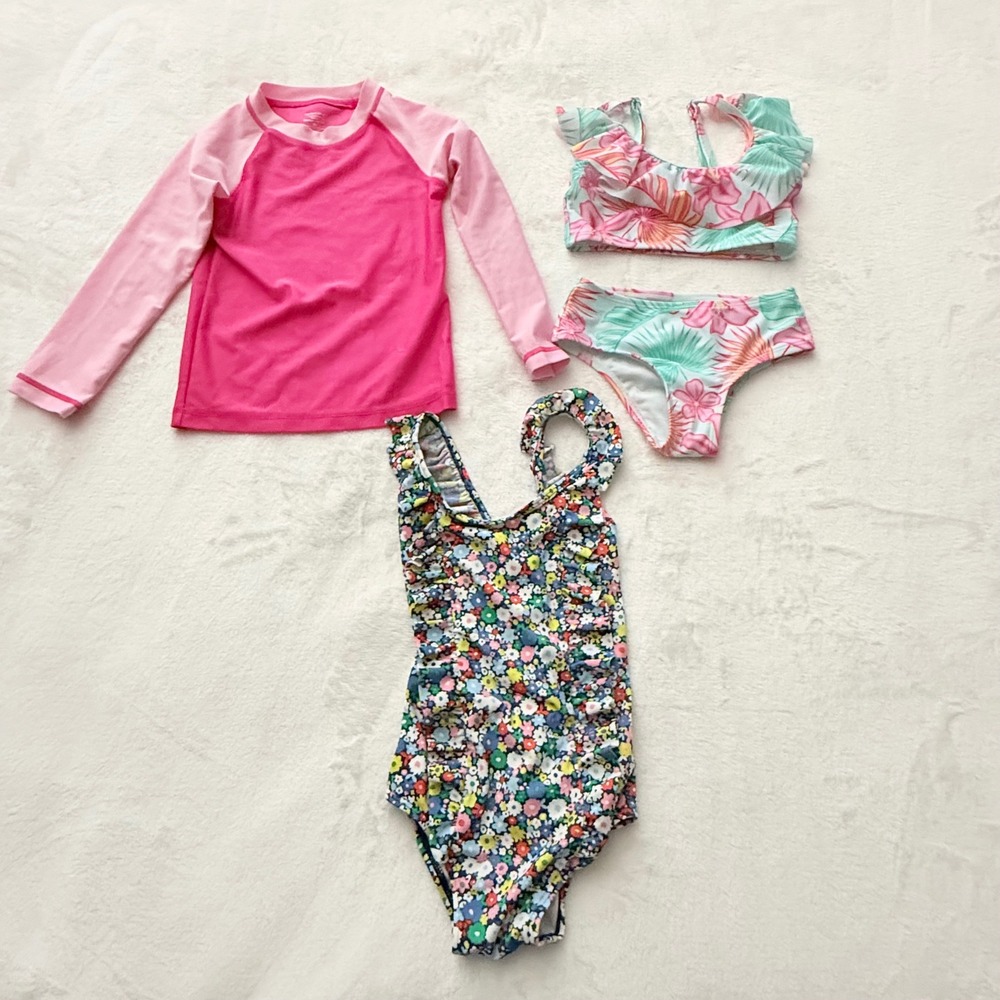 Members Mark Girls‎ 3T Rashguard Set and Floral One Piece Swimsuit 4pc Lot Pink